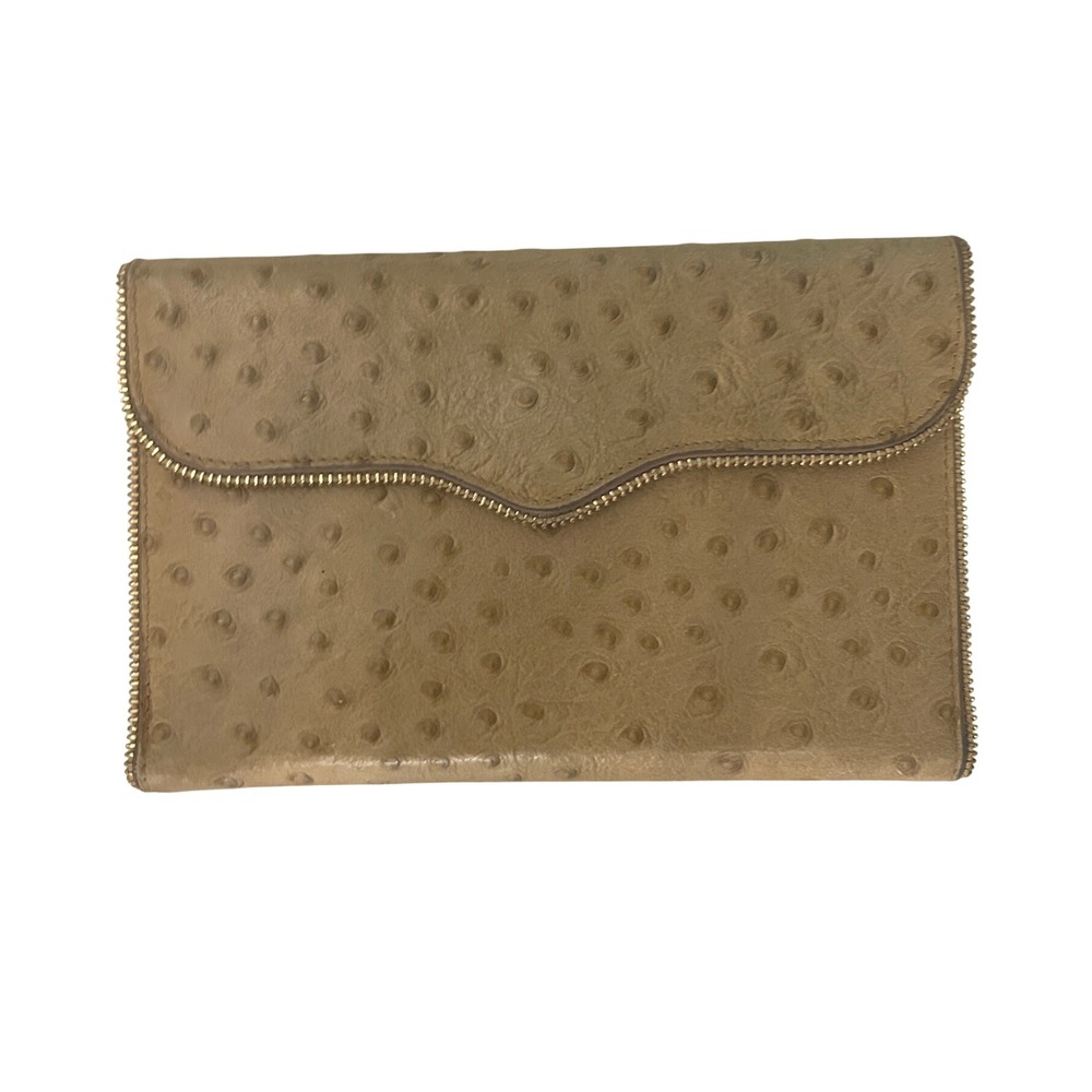 Rebecca Minkoff Ostrich Embossed‎ Leather Zip Around Wallet Beige Gold Tone